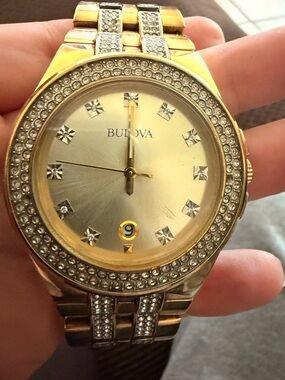 Bulova Gold and Silver Crystal Accent Women's Bracelet Watch